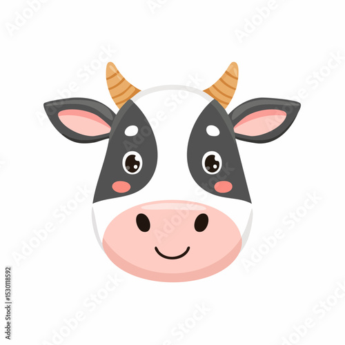 Adorable cartoon cow head illustration with a happy expression on a white background
