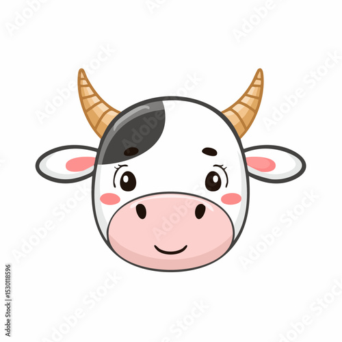 Adorable cartoon cow face illustration featuring a cute smiling expression and horns