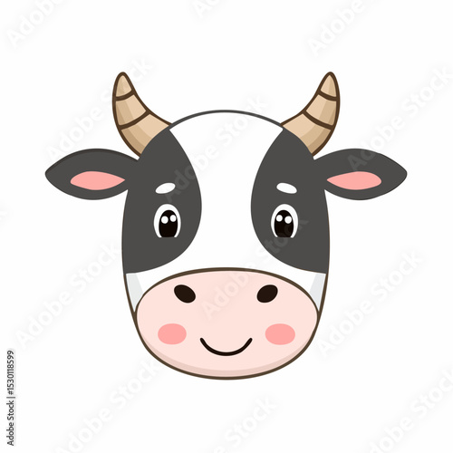 Adorable cartoon cow head illustration with happy expression and simple design