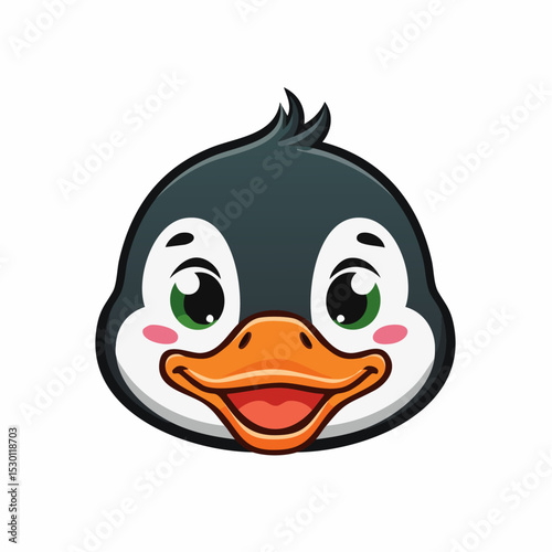 Adorable cartoon penguin head smiling with happy expression and big eyes on white