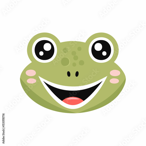 Cheerful cartoon frog face illustration with big eyes and a wide open smiling mouth