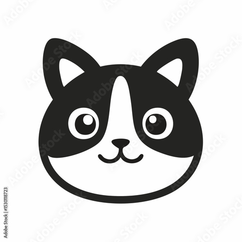 Cute cartoon cat head with black and white fur and adorable smiling expression