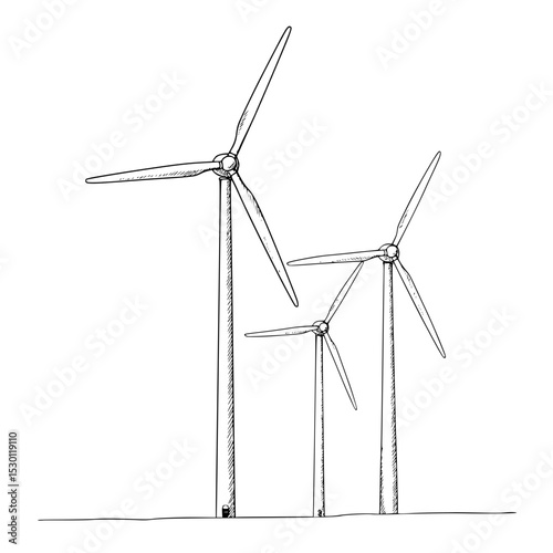 Wind turbines at sunset in minimal black and white outline style  