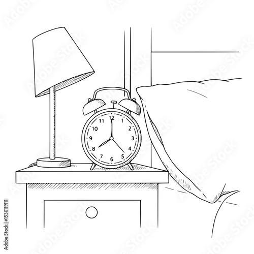 Outline drawing of bedside table with alarm clock and lamp  