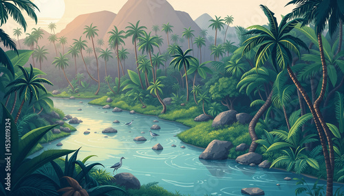 Tropical jungle landscape illustration with river, trees, and lush greenery in a calm natural scene.