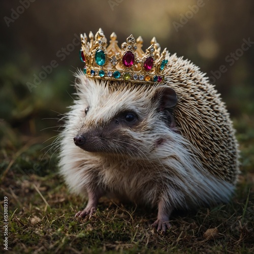 A royal hedgehog wearing a jeweled crown.