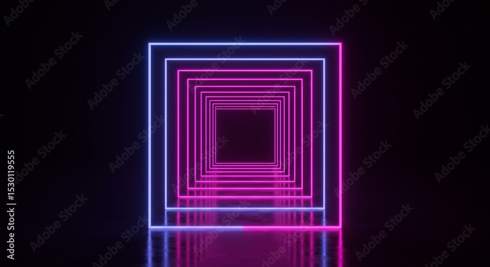 Neon blue and pink frames create an infinite tunnel effect against a black background; reflections on the wet ground amplify depth and intrigue. Neon blue and pink frames create an infinite tunnel effect against a black background; reflections on the wet ground amplify depth and intrigue.