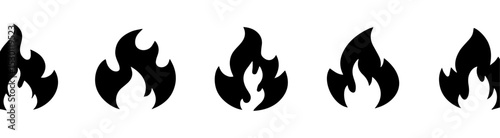 A row of five stylized black flame icons evenly spaced on a white background. Each flame design varies slightly, offering minimalist, vector-style representations of fire for graphic use.