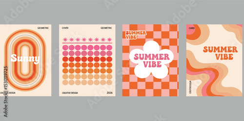Creative concept of summer bright covers, cards or posters in minimal style for corporate identity, branding, social media ads, promo. Modern design template set in trendy geometric 