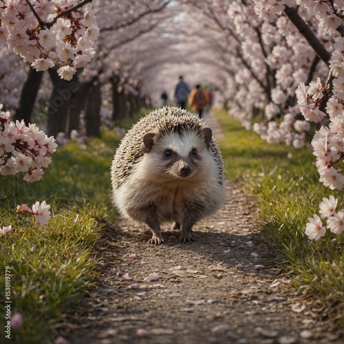 A hedgehog walking on a path of cherry blossoms.