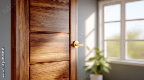 Midcentury modern walnut door with horizontal panels and golden handle in bright room with window and plant
