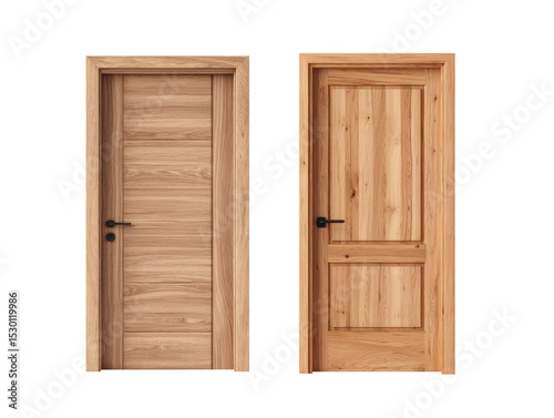 Wooden door set with modern and classic design, natural oak texture and black handle, isolated on transparency background, elegant home interior