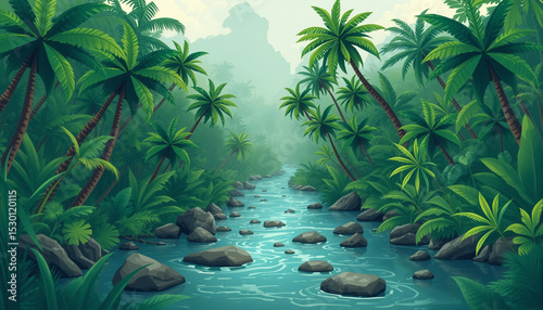 Tropical jungle landscape illustration with river, trees, and lush greenery in a calm natural scene.