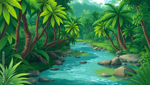 Tropical jungle landscape illustration with river, trees, and lush greenery in a calm natural scene.
