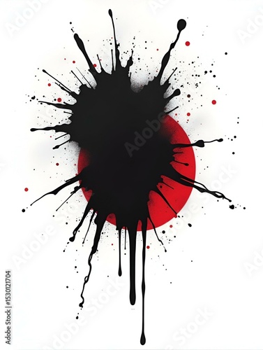 bold black ink splatter with jagged edges dripping dynamically across a stark white canvas infused with subtle red accents in a striking japaneseinspired design photo