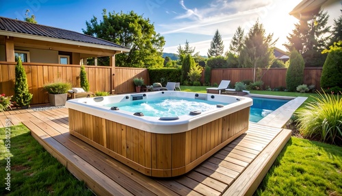 Hot tub in backyard with pool and sun.
