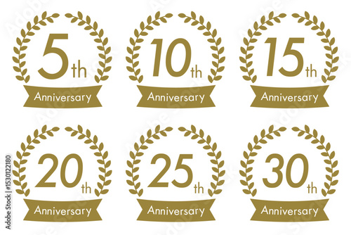 5周年・10周年・15周年・20周年・25周年・30周年のアニバーサリーロゴ(anniversarry logo エンブレム 月桂樹 お祝い ベクター 編集可能 シンプル モノクロ)	