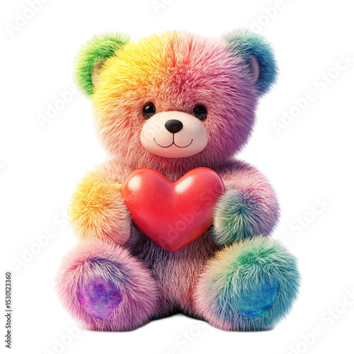 Rainbow teddy bear holding a red heart cute fluffy toy animal love