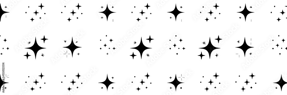 A seamless pattern of black sparkle or twinkle star icons on a white background. The uniform vector design features varying styles of starbursts, ideal for decoration, design, or festive themes.
