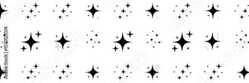 A seamless pattern of black sparkle or twinkle star icons on a white background. The uniform vector design features varying styles of starbursts, ideal for decoration, design, or festive themes.