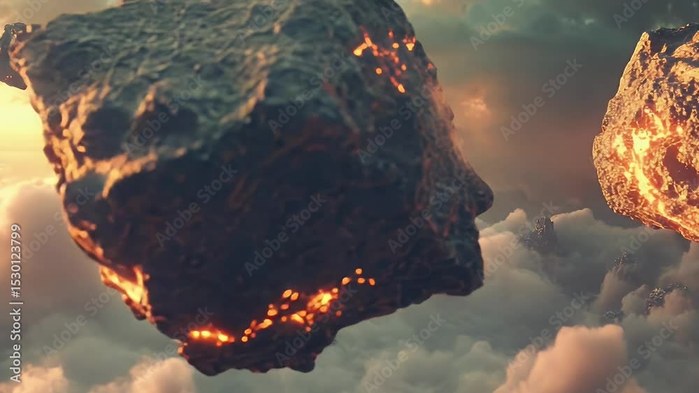 A dark, fiery asteroid with the vague shape of a human head floats in a cloudy sky.