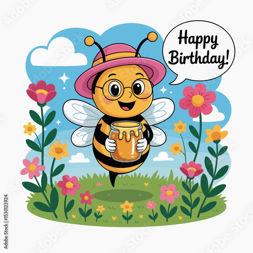 Happy Birthday Bee in Flower Garden