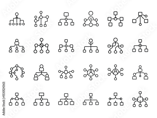 A collection of outline organizational chart icons for business strategy and team management