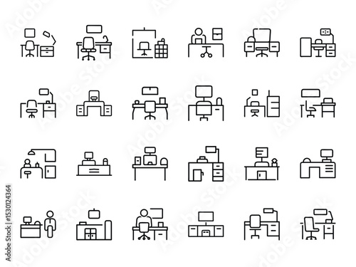 Vector collection of minimalist office desk icons depicting workspace elements