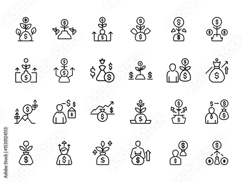 Vector collection of money growth icons illustrating financial investment and success