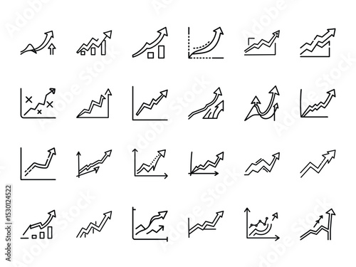 Collection of upward trending arrow charts and graphs in line art style