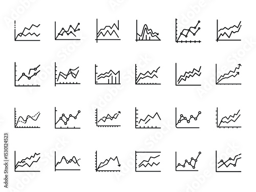 Collection of simple line graph icons depicting data trends and analysis