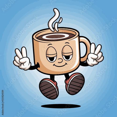 Sleepy Coffee Cup Jumping with Peace Sign