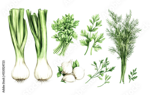 Fresh vegetables and herbs kitchen illustrative bright detailed culinary delight isolated on transparent background