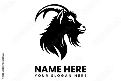 Strong goat head silhouette vector logo with large curved horns for agricultural business or farm branding