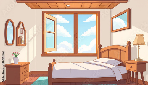 Cartoon bedroom with wooden bed, open window, and sky view in bright and cozy atmosphere.
