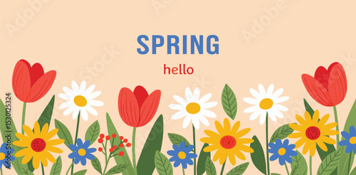 Cute Hello Spring card or horizontal poster for spring holidays with wildflowers, daisies, and tulips pattern. Hand drawn Floral art template for Easter, birthday or Mothers Day decor and greetings