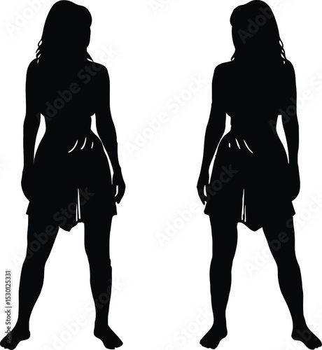 Elegant vector silhouette of a standing young woman's body, illustrating fashion and beauty with an artistic black outline