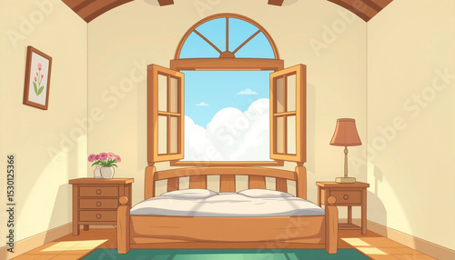 Cartoon bedroom with wooden bed, open window, and sky view in bright and cozy atmosphere.