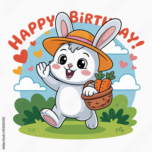 Happy Birthday Rabbit with Carrots and Hearts