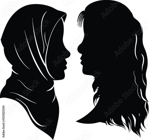 Silhouette of a loving couple in profile with hearts and flowing hair