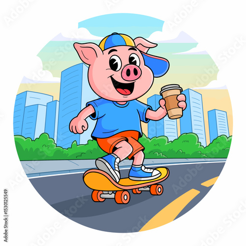 Pig Skateboarding with Coffee