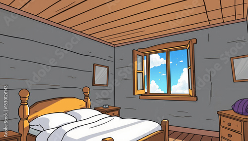 Cartoon bedroom with wooden bed, open window, and sky view in bright and cozy atmosphere.