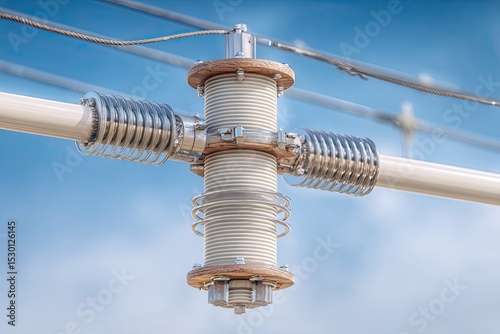 Electrical insulator with metallic fittings and spiral springs, suspended on power lines against a clear blue sky, showcasing essential components of electrical infrastructure