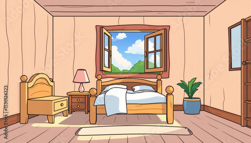 Cartoon bedroom with wooden bed, open window, and sky view in bright and cozy atmosphere.