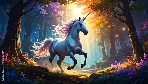 Majestic unicorn in enchanted forest.