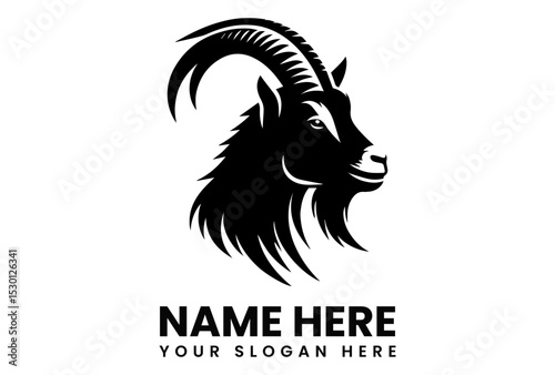 Strong goat head silhouette vector logo with large curved horns for agricultural business or farm branding