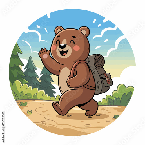 Hiking Bear Waving on Forest Trail