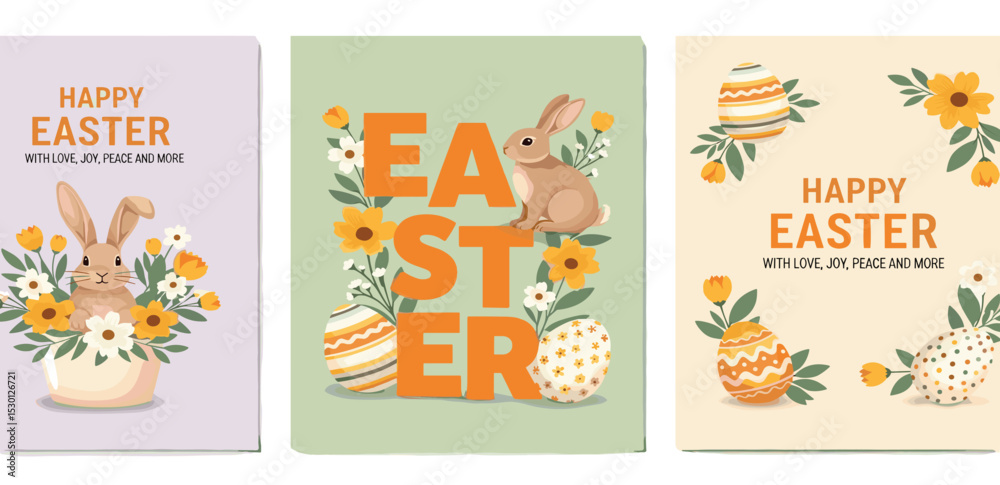 Fototapeta premium Happy Easter Set of banners, greeting cards, posters, holiday covers. Trendy design with typography, spring apple flowers, dots, eggs and bunny in pastel colors. Modern art minimalist 
