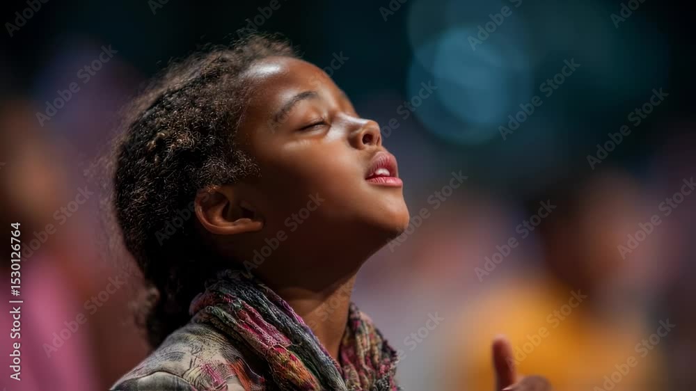 Closeup of a young girl with her hands raised in worship, eyes closed in reverence, as she sings along to a worship song.