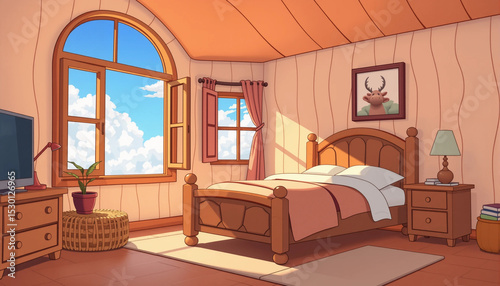 Cartoon bedroom with wooden bed, open window, and sky view in bright and cozy atmosphere.